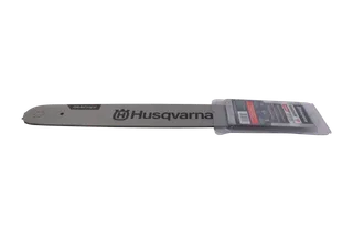 Side view of a Husqvarna chainsaw bar in packaging.