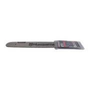 Side view of a Husqvarna chainsaw bar in packaging.