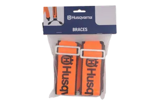 Front view of packaged Husqvarna braces for workwear, with buckles visible, studio shot.