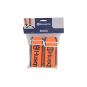 Front view of packaged Husqvarna braces for workwear, with buckles visible, studio shot.