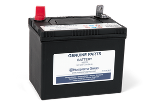 Front view of a Husqvarna genuine parts battery with specifications visible on the label.