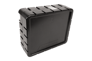 Side view of a Husqvarna black storage box with embossed logo.