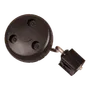 Top view of a round mechanical component with a connected black rectangular attachment.