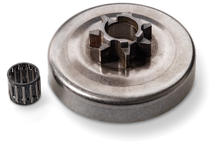 Front view of a metal clutch drum and needle bearing.
