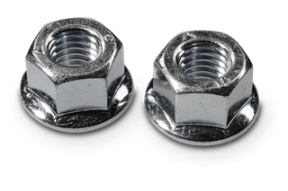 Two hexagonal nuts with a flange, shown in close-up view.