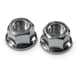 Two hexagonal nuts with a flange, shown in close-up view.