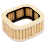 Studiobild av ett luftfilter med rektangulär form och veckad design.