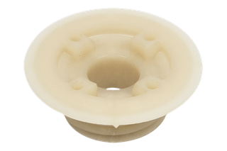 Top view of a plastic pulley wheel with a central hole and multiple attachment points.