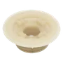 Top view of a plastic pulley wheel with a central hole and multiple attachment points.