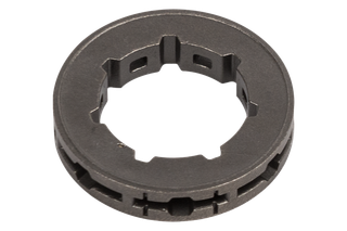 Front view of a circular metal component with intricate cutouts.