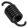 Front view of a coiled metal spring with hooks on both ends.