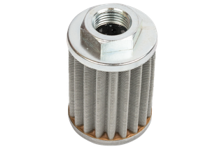 Vedere de sus a unui filtru metalic cu conector filetat.