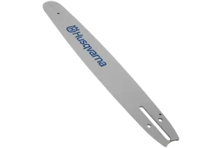 Top view of a Husqvarna chainsaw bar with branding visible.