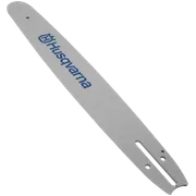 Top view of a Husqvarna chainsaw bar with branding visible.
