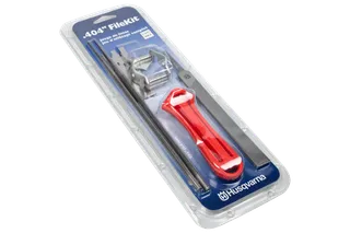 Top view of a Husqvarna .404" File Kit in its packaging, featuring a file and handle.