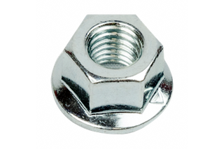 Top view of a hexagonal metal nut with a threaded hole.