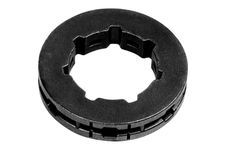 Front view of a mechanical component with a circular design and interlocking features.