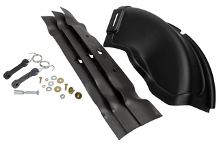 Top view of a set of lawn mower blades and accessories including bolts and washers.