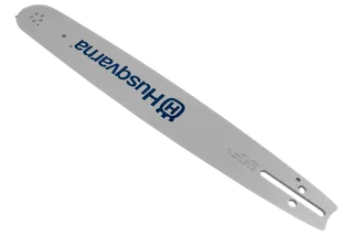 3/8" Laminated bar Small bar mount. Top view of a Husqvarna chainsaw guide bar with branding visible.