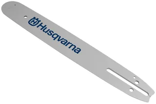 Top view of a Husqvarna chainsaw guide bar with branding visible.