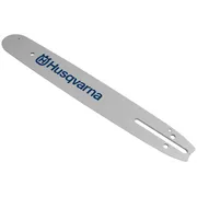 Top view of a Husqvarna chainsaw guide bar with branding visible.
