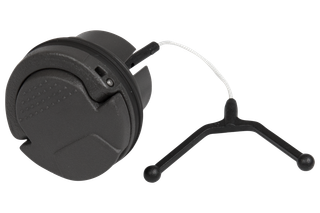 Top view of a fuel cap with a pull cord attached, designed for easy opening.