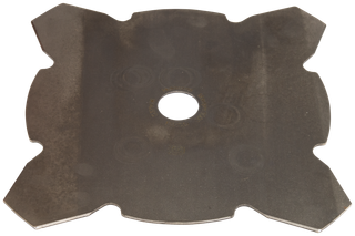Top view of a metal cutting blade with a central hole and four sharp edges.