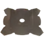 Top view of a metal cutting blade with a central hole and four sharp edges.