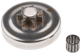 Top view of a metal clutch drum and needle bearing, likely used in machinery.