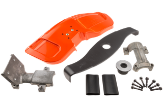 Top view of various lawn mower replacement parts including a blade, screws, and protective covers.