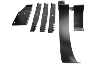 Top view of a set of black metal lawn mower blades and components.