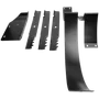 Top view of a set of black metal lawn mower blades and components.