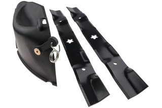 Top view of two lawn mower blades and a protective cover.