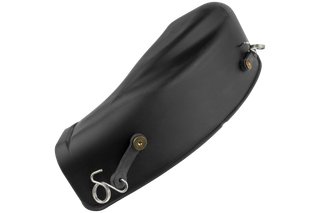 Top view of a black protective cover with attachment hooks.