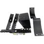 Top view of a set of black metal lawn mower blades and mounting hardware.