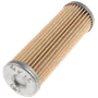 Ovenfra af et cylindrisk filter med plisseret papirelement og metalhætter.