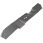 Top view of a lawn mower blade with three mounting holes.