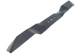 Side view of a lawn mower blade with three mounting holes.