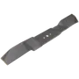 A close-up view of a lawn mower blade with three mounting holes.