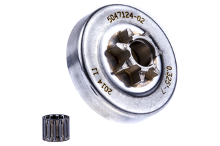 Set forfra af et metalkædehjul med reservedelsnummer 5047124-02 og et nåleleje.