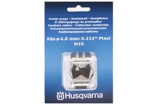 Vista frontal de un embalaje de galga combinada de Husqvarna con las especificaciones del producto.