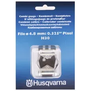 Vista frontal de un embalaje de galga combinada de Husqvarna con las especificaciones del producto.