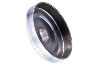 Side view of a metal component with a central hole, possibly used in machinery.