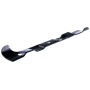 Side view of a lawn mower blade with a curved design.