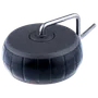 Side view of a round black accessory with a metal handle, possibly a weight or tool part.