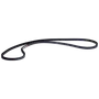 Et studiebillede af et langt, sort bælte med struktureret overflade og orange markeringer.
