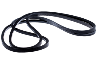 Vedere de aproape a unei curele de transmisie neagră, prezentând suprafața sa texturată.