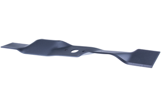 Side view of a lawn mower blade with a central hole for attachment.