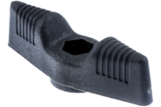 Top view of a hexagonal plastic knob with textured grips.