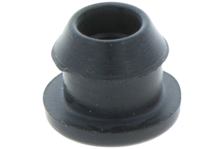 Front view of a rubber grommet, showcasing its cylindrical shape and flared base.